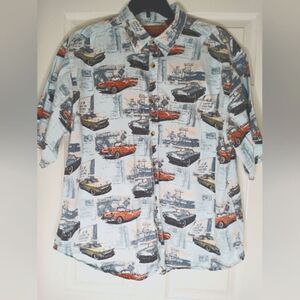 Clear Water Men's Short Sleeve Button Up Pocket Shirt XXL Blue Cars&City Print.